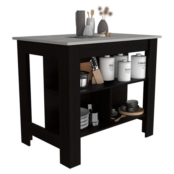 Tuhome Cala Kitchen Island, Four Legs, Three Shelves, Black/Ibiza Marble AWZ6538